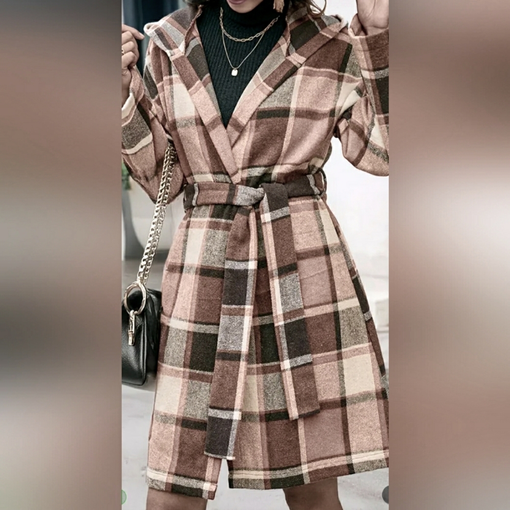 Womens plaid hooded thin coat with belt -Small